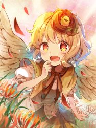 Rule 34 | 1girl, animal, animal on head, arm up, bird, bird on head, bird wings, blonde hair, blush, border, breasts, chick, commentary request, dress, falling petals, feathered wings, flower, highres, large breasts, looking at viewer, multicolored hair, niwatari kutaka, on head, open mouth, orange dress, orange eyes, petals, puffy short sleeves, puffy sleeves, red hair, red ribbon, ribbon, sekisei (superego51), short hair, short sleeves, simple background, solo, spider lily, touhou, two-tone hair, upper body, vest, white sleeves, white vest, wings