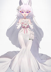 Rule 34 | 1girl, :d, absurdres, animal ears, bare shoulders, bouquet, colored eyelashes, commentary request, commission, dress, flower, fox ears, grey background, grey hair, hair between eyes, hair flower, hair ornament, hairclip, highres, hinata (user rjkt4745), holding, holding bouquet, looking at viewer, open mouth, phase connect, purple eyes, rose, simple background, skeb commission, smile, solo, standing, tenma maemi, virtual youtuber, white dress, white flower, white rose