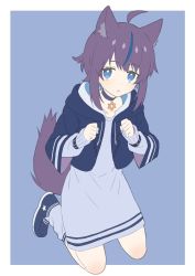 Rule 34 | 1girl, ahoge, animal ear fluff, animal ears, bad id, bad twitter id, blue background, blue dress, blue eyes, blue footwear, blue nails, border, choker, clenched hands, copyright request, cropped jacket, donguri suzume, dot nose, dress, full body, highres, hood, hood down, hooded jacket, jacket, kneeling, layered sleeves, long sleeves, looking at viewer, multicolored hair, nail polish, open clothes, open jacket, parted lips, purple choker, purple hair, shoes, short over long sleeves, short sleeves, simple background, sneakers, solo, streaked hair, tail, white border, wide sleeves