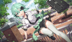 Rule 34 | 1girl, black footwear, black necktie, black skirt, blue sky, blush, breasts, briefcase, building, clothes around waist, collared shirt, commentary request, day, dress shirt, gabiran, green eyes, green hair, hair between eyes, highres, holding, jumping, legs, loafers, looking at viewer, necktie, open mouth, outdoors, pleated skirt, school briefcase, shirt, shoes, short sleeves, sinon, skirt, sky, small breasts, solo, sword art online, thighhighs, thighs, tree, white shirt, white thighhighs, window