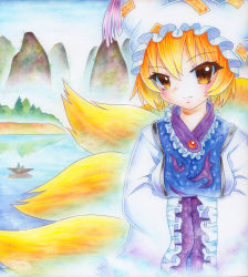 Rule 34 | 1girl, bad id, bad pixiv id, blonde hair, blue sky, boat, breasts, day, female focus, fox tail, frown, hands in opposite sleeves, hat, hat with ears, japanese clothes, lake, lips, long sleeves, looking at viewer, medium breasts, mountain, multiple tails, pastel (medium), qqqrinkappp, reflection, short hair, sky, solo, tabard, tail, tassel, touhou, traditional media, tree, upper body, watercolor pencil (medium), watercraft, yakumo ran, yellow eyes