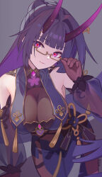 Rule 34 | 1girl, absurdres, adjusting eyewear, ai dongdong, bare shoulders, black gloves, breasts, chinese commentary, cleavage, commentary request, cowboy shot, detached sleeves, dress, gloves, hair intakes, hand on eyewear, head tilt, highres, honkai (series), honkai impact 3rd, horns, large breasts, long hair, long horns, looking at viewer, official alternate costume, purple dress, purple eyes, purple hair, purple horns, purple sleeves, raiden mei, raiden mei (herrscher of thunder), raiden mei (rainy springtide) (honkai impact), red pupils, see-through, see-through cleavage, see-through sleeves, smile, solo