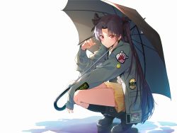 Rule 34 | 1girl, absurdres, black footwear, black ribbon, black socks, black umbrella, boots, brown hair, fate/grand order, fate (series), full body, green jacket, hair ribbon, highres, ishtar (fate), jacket, kneehighs, long hair, looking at viewer, melikecurry, miniskirt, open clothes, open jacket, pleated skirt, red eyes, ribbon, rubber boots, simple background, skirt, socks, solo, squatting, twintails, two side up, umbrella, very long hair, white background, yellow skirt