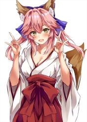 Rule 34 | 10s, 1girl, :d, animal ear fluff, animal ears, blush, bow, breasts, cleavage, collarbone, detached sleeves, fang, fate/extra, fate (series), fox ears, fox shadow puppet, fox tail, hair bow, hair ribbon, hakama, hakama short skirt, hakama skirt, highres, japanese clothes, kimono, large breasts, long hair, looking at viewer, marisasu (marisa0904), miko, open mouth, pink hair, red hakama, ribbon, sash, skirt, smile, solo, tail, tamamo (fate), tamamo no mae (fate/extra), twintails, white kimono, wide sleeves, yellow eyes