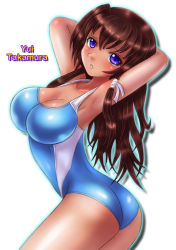 Rule 34 | 1girl, ass, bad anatomy, blue eyes, boken fantasy, breasts, brown hair, competition swimsuit, highres, large breasts, long hair, looking back, muv-luv, muv-luv alternative, muv-luv total eclipse, one-piece swimsuit, swimsuit, takamura yui