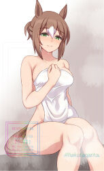 1girl animal_ears breasts brown_hair covering_breasts covering_privates feet_out_of_frame fine_motion_(umamusume) green_eyes hakutaqanta half-closed_eyes highres horse_ears horse_girl horse_tail large_breasts looking_at_viewer multicolored_hair nude nude_cover sidelocks sitting smile solo sweat tail towel twitter_username two-tone_hair umamusume watermark white_hair