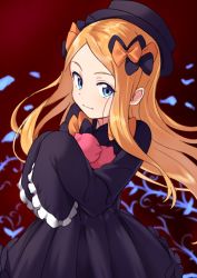 Rule 34 | 1girl, abigail williams (fate), bad id, bad pixiv id, black bow, black dress, black hat, blonde hair, blue eyes, bow, bug, butterfly, closed mouth, commentary request, dress, fate/grand order, fate (series), frilled sleeves, frills, hair bow, hands in opposite sleeves, hat, highres, insect, long hair, long sleeves, looking at viewer, orange bow, parted bangs, red background, solo, stuffed animal, stuffed toy, teddy bear, tsukiman, very long hair