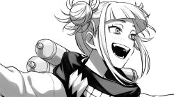 Rule 34 | 1girl, :d, asada hachi, blunt bangs, blush, boku no hero academia, commentary request, double bun, fangs, grey background, greyscale, hair bun, looking to the side, messy hair, monochrome, open mouth, portrait, short hair, smile, solo, teeth, toga himiko, upper body