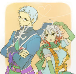 Rule 34 | 1boy, 1girl, blue eyes, blue hair, blue shirt, crossed arms, glasses, gloves, heart, heart of string, hubert ozwell, multicolored hair, pascal (tales), scarf, shirt, tales of (series), tales of graces, yellow eyes