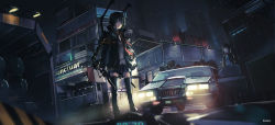 Rule 34 | 2girls, armband, artist name, artist request, bad id, bad pixiv id, belt, black hair, blunt bangs, blurry, building, car, city, coat, expressionless, from below, gloves, green eyes, highres, jacket, lamppost, lens flare, light, long hair, looking at viewer, motor vehicle, multiple girls, necktie, night, novelance, open clothes, open door, open jacket, original, outdoors, police car, power suit, red necktie, road, scenery, skirt, skyscraper, solo focus, standing, street, thighhighs, tools, vehicle, window, zettai ryouiki