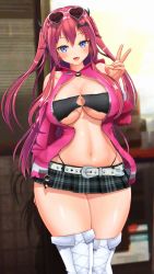 Rule 34 | 1girl, 3d, belt, blue eyes, blush, boots, breasts, cleavage, curvy, detached sleeves, fang, heart, heart-shaped eyewear, highres, large breasts, long hair, looking at viewer, microskirt, minamo rm, miniskirt, navel, open mouth, original, pink hair, plaid, plaid skirt, skirt, smile, solo, sunglasses on head, thick thighs, thigh boots, thighhighs, thighs, thong, v, wide hips