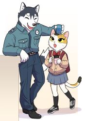 Rule 34 | 1boy, 1girl, animal ears, backpack, bag, black eyes, black footwear, black fur, blue necktie, blue pants, blue skirt, body fur, bow, bowtie, breast pocket, brown fur, brown sweater, can, cardigan, cat ears, cat girl, cat tail, closed eyes, collared shirt, colored sclera, dog boy, dog ears, dog tail, elbow rest, facing another, fang, full body, furry, furry female, furry male, furrylorddawoon, gradient background, grey skirt, hands up, highres, holding, holding can, husky, long sleeves, looking up, necktie, object on head, open mouth, orange fur, original, pants, pleated skirt, pocket, police, police uniform, policeman, red bag, red bow, red bowtie, school uniform, shirt, skirt, soda, solo, standing, sweater, tail, thick eyebrows, uniform, whiskers, white fur, white shirt, yellow background, yellow sclera