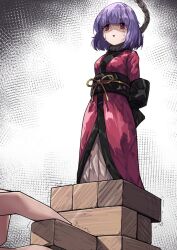 Rule 34 | 1girl, arms behind back, black bow, bow, crying, crying with eyes open, dress, japanese clothes, jenga, kimono, lips, long sleeves, mini person, minigirl, noose, obi, open mouth, pleated dress, pulling, purple eyes, purple hair, purple kimono, sash, simple background, sukuna shinmyoumaru, tears, tierra misu, touhou, waist bow, white background, white dress, wide sleeves