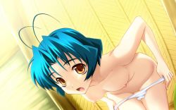Rule 34 | 1girl, :o, antenna hair, bent over, blue hair, bou (inubou), breasts, brown eyes, dutch angle, groin, hanging breasts, highres, indoors, leaning forward, looking at viewer, muv-luv, muv-luv altered fable, nipples, open mouth, orange eyes, panties, panties only, pulling own clothes, short hair, small breasts, solo, surprised, thigh gap, topless, underwear, underwear only, undressing, white panties, yoroi mikoto