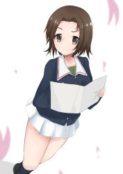 Rule 34 | 1girl, black socks, blue jacket, brown eyes, brown hair, closed mouth, commentary, frown, girls und panzer, green shirt, holding, holding paper, jacket, long sleeves, looking at viewer, military uniform, miniskirt, naopon918, ooarai military uniform, paper, parted bangs, petals, sawa azusa, shirt, short hair, skirt, socks, solo, standing, throat microphone, uniform, white background, white skirt