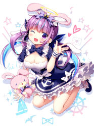 Rule 34 | 1girl, anchor symbol, animal ears, blush, bow, braid, breasts, cleavage, cleavage cutout, clothing cutout, colored inner hair, commentary request, drill hair, fake animal ears, frilled skirt, frills, full body, hair bow, hair ribbon, highres, hololive, long hair, looking at viewer, low twintails, medium breasts, minato aqua, minato aqua (1st costume), multicolored hair, nail polish, one eye closed, open mouth, purple eyes, purple hair, rabbit ears, ribbon, sasai saji, simple background, skirt, solo, stuffed animal, stuffed rabbit, stuffed toy, twin drills, twintails, virtual youtuber, waving