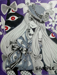 Rule 34 | 1girl, 9-6, alternate costume, beads, bow, bracelet, breasts, cleavage, coat, cowboy shot, eye focus, eyelashes, eyes visible through hair, female focus, fishnet thighhighs, fishnets, flower, gap (touhou), greyscale, hair over one eye, hair ribbon, hand in own hair, hat, hat feather, hat flower, jewelry, lily (flower), long hair, marker (medium), monochrome, necklace, partially colored, plant, purple background, red eyes, ribbon, sample watermark, simple background, smile, solo, thighhighs, thighs, touhou, traditional media, tress ribbon, very long hair, watermark, yakumo yukari