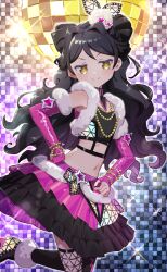 Rule 34 | + +, 1girl, absurdres, anisakisu, bare shoulders, black hair, black shirt, bracelet, closed mouth, commentary request, cropped shirt, disco ball, double bun, elbow gloves, fur trim, gloves, hair bun, hair intakes, highres, jewelry, kiratto pri chan, layered skirt, long hair, looking at viewer, luluna (pri chan), midriff, necklace, pink gloves, pink skirt, pleated skirt, pretty series, shirt, skirt, smile, solo, standing, standing on one leg, very long hair, yellow eyes
