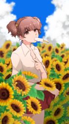 Rule 34 | 10s, 1girl, alisa (girls und panzer), bad id, bad pixiv id, blurry, brown eyes, brown hair, clothes lift, cloud, cloudy sky, cowboy shot, day, depth of field, dress shirt, field, flower, flower field, food, food in mouth, freckles, girls und panzer, hair ornament, hao (udon), long sleeves, looking at viewer, miniskirt, mouth hold, outdoors, pleated skirt, popsicle, red skirt, school uniform, shirt, shirt tug, short hair, short twintails, skirt, skirt lift, sky, sleeves rolled up, solo, standing, star (symbol), star hair ornament, sunflower, sunflower field, sweat, twintails, white shirt