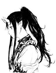Rule 34 | 1girl, ascot, black hair, from side, greyscale, high ponytail, highres, horns, japanese clothes, kimono, long hair, looking ahead, looking to the side, monochrome, monster girl, oni, oni girl, oni horns, original, parted lips, pointy ears, ponytail, profile, scarf, shiro shougun, simple background, solo, tasuki, upper body, white background