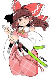 Rule 34 | 1girl, apron, ascot, blunt bangs, blush, bow, brown hair, clothes writing, commentary request, cookie (touhou), cowboy shot, crying, crying with eyes open, dated, detached sleeves, dress, frilled bow, frilled hair tubes, frills, hair bow, hair tubes, hakurei reimu, highres, katana, long hair, looking at viewer, medium bangs, pink apron, pink eyes, red bow, red dress, rurima (cookie), sheath, sheathed, sidelocks, simple background, sleeveless, sleeveless dress, solo, sword, tears, tetugakuzonbi, touhou, weapon, white background, white sleeves, yellow ascot