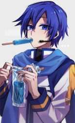 Rule 34 | 1boy, blue eyes, blue hair, coat, earphones, eating, food, food in mouth, hands up, highres, idonaka, kaito (vocaloid), long sleeves, popsicle, popsicle in mouth, scarf, simple background, solo, vocaloid