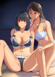 Rule 34 | 2girls, arm behind back, arm support, bad id, bad pixiv id, bikini, black bra, black hair, black panties, bra, breasts, brown eyes, brown hair, cleavage, collarbone, commentary request, frilled bikini, frilled panties, frills, hair between eyes, hair ornament, hairclip, hand on another&#039;s arm, hand on another&#039;s knee, indoors, kneeling, large breasts, long hair, looking at viewer, medium hair, multiple girls, navel, nosa, novel illustration, official art, original, panties, parted lips, purple eyes, reclining, sitting, smile, spread legs, swimsuit, textless version, underwear, underwear only, white bra, white panties