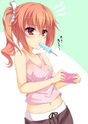Rule 34 | 1girl, aria (koiiroharemoyou), bare arms, black ribbon, breasts, brown skirt, collarbone, commentary request, covered erect nipples, eyelashes, fingernails, food in mouth, frown, green background, hair between eyes, hair ribbon, handheld game console, holding, holding handheld game console, inaba meguru, lips, looking to the side, navel, official style, orange hair, pink tank top, popsicle, popsicle in mouth, red eyes, ribbon, sanoba witch, side ponytail, sidelocks, simple background, skirt, small breasts, solo, standing, stomach, sweat, tank top, translation request, v-shaped eyebrows, wavy hair, white background, white ribbon, yuzu-soft