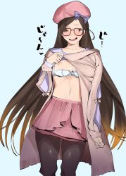 Rule 34 | beret, blush, bra, brown hair, casual, clothes lift, fate/grand order, fate (series), glasses, hat, jikatarou, long hair, osakabehime (fate), osakabehime (traveling outfit) (fate), pantyhose, shirt lift, skirt, smile, solo, underwear, white bra