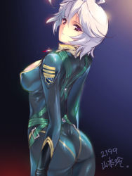 Rule 34 | 10s, 1girl, ahoge, ass, bodysuit, breasts, character name, copyright name, jewelry, looking at viewer, looking back, min-naraken, necklace, pendant, pilot suit, red eyes, shiny clothes, short hair, silver hair, skin tight, solo, standing, uchuu senkan yamato, uchuu senkan yamato 2199, uniform, yamamoto akira