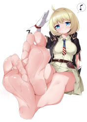 Rule 34 | 1girl, absurdres, ahoge, american flag, american flag print, barefoot, belt, black jacket, blonde hair, blue eyes, blush, breasts, chashuwu, closed mouth, collared shirt, commentary, feet, flag print, foot focus, full body, girls&#039; frontline, gloves, highres, holster, jacket, large breasts, legs, looking at viewer, m1911 (girls&#039; frontline), musical note, necktie, pleated skirt, print necktie, salute, shirt, short hair, short sleeves, simple background, sitting, skirt, smell, smile, soles, solo, spoken musical note, steaming body, sweat, toenails, toes, variant set, white background, white gloves, white shirt, white skirt