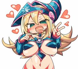 Rule 34 | 1girl, blonde hair, blush, blush stickers, bottomless, breasts, dark magician girl, green eyes, groin, hat, heart, kanikama, large breasts, long hair, looking at viewer, navel, open mouth, out-of-frame censoring, simple background, solo, sweat, tongue, tongue out, v, white background, wizard hat, yu-gi-oh!