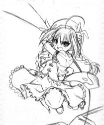 Rule 34 | &gt;:d, 00s, 1girl, :d, ahoge, braid, dress, frilled dress, frills, greyscale, hat, hat ornament, lyrical nanoha, mahou shoujo lyrical nanoha, mahou shoujo lyrical nanoha a&#039;s, monochrome, open mouth, puffy short sleeves, puffy sleeves, short sleeves, smile, soba (saz), solo, twin braids, twintails, v-shaped eyebrows, vita (nanoha)