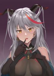 Rule 34 | 1girl, absurdres, aegir (azur lane), azur lane, bare shoulders, black gloves, bodystocking, breast curtains, breasts, cross, cross earrings, demon horns, earrings, finger to mouth, gloves, gradient background, grey hair, hair between eyes, hair on horn, hand on own chest, highres, horns, jewelry, large breasts, long hair, looking at viewer, multicolored hair, pelele mon, purple background, red hair, simple background, solo, streaked hair, two-tone hair, upper body, white hair, yellow eyes