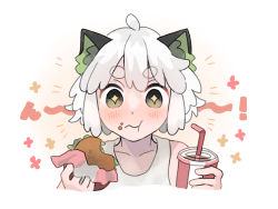 Rule 34 | + +, 1boy, animal ears, bendy straw, blush, burger, cat boy, cat ears, drink, drinking straw, eating, food, green eyes, highres, holding, holding drink, looking at viewer, luo xiaohei, luo xiaohei (human), luo xiaohei zhanji, mochi no, portrait, short hair, solo, tank top, white hair, white tank top