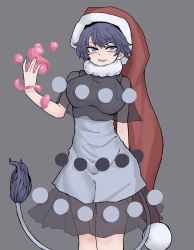 Rule 34 | 1girl, black capelet, blob, blue eyes, blue hair, capelet, doremy sweet, dream soul, dress, fe (tetsu), feet out of frame, grey background, hat, highres, multicolored clothes, multicolored dress, nightcap, open mouth, pom pom (clothes), red hat, short hair, short sleeves, simple background, smile, solo, tail, tapir tail, touhou