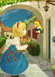 Rule 34 | 2girls, absurdres, alice margatroid, apron, bag, baguette, basket, blonde hair, blue dress, blue eyes, blush, boots, bow, bowtie, bread, brown bag, brown footwear, bush, capelet, carrot, commentary request, cross-laced footwear, doll, dress, ekaapetto, food, frilled capelet, frilled dress, frills, fruit, hair bow, hairband, highres, holding, holding bag, holding basket, lolita hairband, long hair, long sleeves, maid, mini person, minigirl, multiple girls, orange (fruit), outdoors, paper bag, radish, red bow, red bowtie, red hairband, red sash, sash, shanghai doll, shirt, shopping bag, short hair, touhou, vegetable, waist apron, white apron, white capelet, white shirt