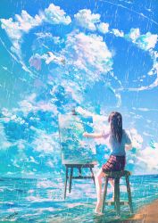 Rule 34 | 1girl, artist name, bare legs, barefoot, beach, bird, black hair, blue sky, blue theme, brown skirt, cloud, cloudy sky, cumulonimbus cloud, day, easel, facing away, from behind, highres, holding, legs, long hair, ocean, original, outdoors, outstretched arm, paintbrush, painting (action), painting (object), plaid, plaid skirt, rain, shirt, signature, sitting, skirt, sky, solo, stool, sunlight, white bird, white shirt