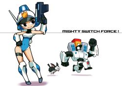 Rule 34 | 1girl, animal, contrapposto, copyright name, corporal gendarmor, cyclops, dog, gloves, gun, hand on own hip, helmet, kou (makoto yabe), leotard, looking back, looking down, machinery, mighty (series), mighty switch force!, navel, one-eyed, patricia wagon, pigeon-toed, police, robot, running, simple background, smile, standing, ugly twitching dog, weapon, white background