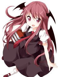 Rule 34 | &gt;:d, 1girl, :d, bat wings, blush, book, book stack, collared shirt, from above, head wings, holding, holding book, koakuma, loafers, long hair, necktie, open mouth, puffy short sleeves, puffy sleeves, red eyes, red hair, red necktie, ruu (tksymkw), shirt, shoes, short sleeves, simple background, skirt, skirt set, smile, socks, solo, touhou, v-shaped eyebrows, vest, white background, wings