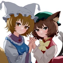 Rule 34 | 2girls, animal ear fluff, animal ears, blonde hair, bow, bowtie, brown eyes, brown hair, cat ears, cat tail, chen, closed mouth, commentary, fox tail, green headwear, hat, highres, holding hands, interlocked fingers, long sleeves, looking at viewer, mikan (manmarumikan), mob cap, multiple girls, multiple tails, nekomata, short hair, smile, tabard, tail, touhou, two tails, upper body, white headwear, yakumo ran, yellow bow, yellow bowtie, yellow eyes