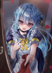 Rule 34 | 1girl, blood, blood splatter, blue eyes, blue hair, bow, bowtie, highres, hololive, hoshimachi suisei, indoors, long hair, short hair, smile, solo, thdlyesf0ubp9d3, virtual youtuber