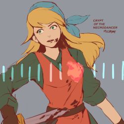Rule 34 | 1girl, bandana, belt, blonde hair, bone, cadence (necrodancer), copyright name, crypt of the necrodancer, english text, fingerless gloves, gloves, green eyes, highres, holding, knife, long hair, looking at viewer, scroll, solo, weapon