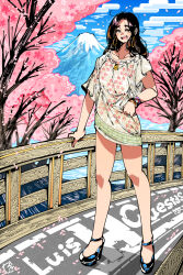 1girl black_footwear black_hair blue_sky cherry_blossoms cherry_tree cloud collarbone earrings fence full_body highres hoop_earrings jewelry kafun long_hair looking_at_viewer mount_fuji open_mouth original shoes short_sleeves sky smile solo standing teeth thick_eyebrows upper_teeth_only watch wooden_fence wristwatch