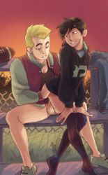 Rule 34 | 2boys, anal, ass, blonde hair, bottomless, danny fenton, danny phantom, dash baxter, erection, happy sex, male focus, male penetrated, multiple boys, naughty face, outdoors, penis, public indecency, school, sex, sitting, smile, undressing, yaoi