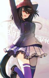 Rule 34 | 1girl, arms up, beanie, black hair, blue coat, brown footwear, buttons, coat, dated, double-breasted, happy birthday, hat, highres, horse girl, horse tail, kitasan black (umamusume), leg up, loafers, multicolored hair, purple skirt, purple thighhighs, red eyes, red hat, school uniform, shibaebi (yasaip game), shoes, short hair, skirt, solo, streaked hair, tail, thighhighs, tracen school uniform, tracen winter coat, umamusume, winter clothes, winter coat