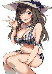 Rule 34 | 1girl, ;d, absurdres, bare shoulders, bikini, blue bikini, bracelet, breasts, brown eyes, brown hair, cleavage, flower, flower necklace, hat, highres, idolmaster, idolmaster shiny colors, jewelry, kurokin, large breasts, long hair, looking at viewer, navel, necklace, one eye closed, open mouth, plaid, plaid bikini, simple background, sitting, smile, solo, straw hat, swept bangs, swimsuit, tsukioka kogane, v, white background
