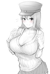 Rule 34 | 1girl, akitsu maru (kancolle), bad id, bad tumblr id, blush, breasts, cleavage, closed mouth, commentary request, flying sweatdrops, gloves, greyscale, hair between eyes, hat, hometa, kantai collection, large breasts, long sleeves, looking at viewer, monochrome, peaked cap, short shorts, shorts, skirt, smile, solo, spot color, sweater, upper body
