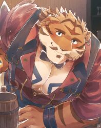 Rule 34 | 1boy, animal ears, another eidos-r, bar (place), bara, blush, commentary request, earrings, edgar (another eidos), facial hair, furry, furry male, hand on own hip, highres, jewelry, leaning forward, looking at viewer, male focus, muscular, muscular male, mustache, pectoral cleavage, pectorals, red shirt, sawch cls, shirt, single earring, suspenders, tankard, tiger boy, tiger ears, tiger stripes