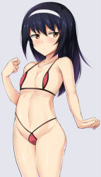 Rule 34 | 10s, 1girl, bare arms, bare shoulders, bikini, black hair, blush, breasts, brown eyes, collarbone, expressionless, eyebrows, girls und panzer, groin, hairband, kuragari, legs together, long hair, looking at viewer, micro bikini, navel, purple background, red bikini, reizei mako, shiny skin, simple background, small breasts, solo, standing, stomach, swimsuit